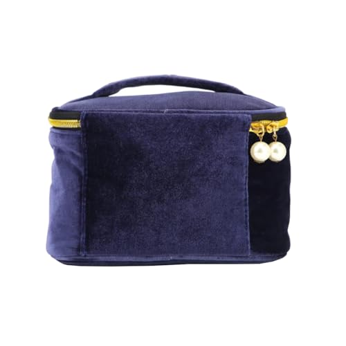 Women Navy Velvet Embroidery Cosmetic Makeup Bag, Applique Moon Stars Pattern Make Up Bag, High Capacity Toiletry Pouch Clutch Bag for Travel (Navy B)