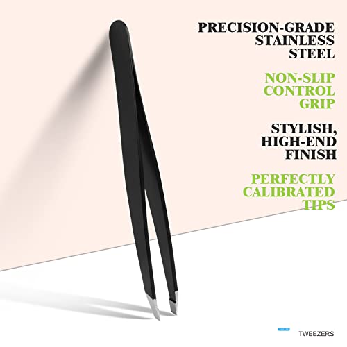 Stainless Steel Tweezers for Eyebrows-Flat Tweezer with Case for Women&Man,Great Precision on Brow,Facial Hair and Ingrown Hair Removal(Black)