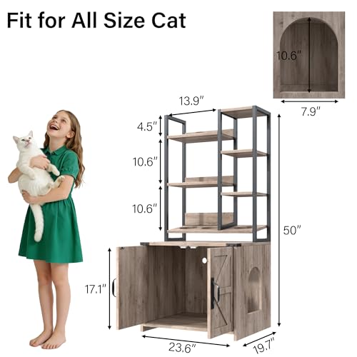 Grey Cat Litter Box Enclosure with 4 Shelves & Doors, Fits Most Sizes
