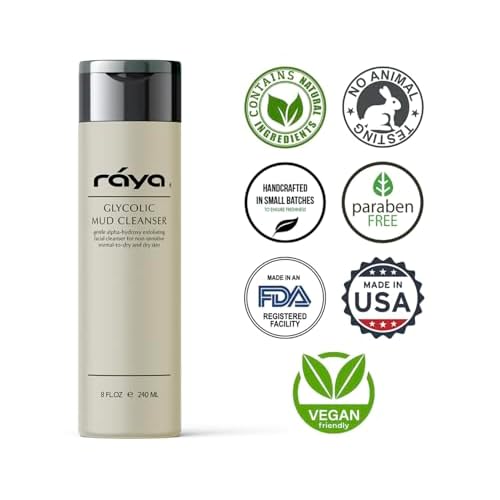 Raya Glycolic Mud Facial Cleanser with AHA 8 oz (G-103) | Exfoliating pH Balanced Facial Cleansing Fluid for Non Sensitive, Dry and Combination Skin | Made with Alpha Hydroxy Acid and Volcanic Mud