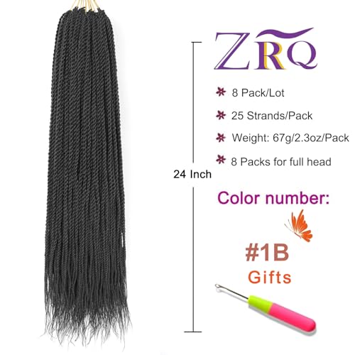 ZRQ 24 Inch Senegalese Twist Crochet Hair Prelooped 25 Strands Pack of 8, 1B#