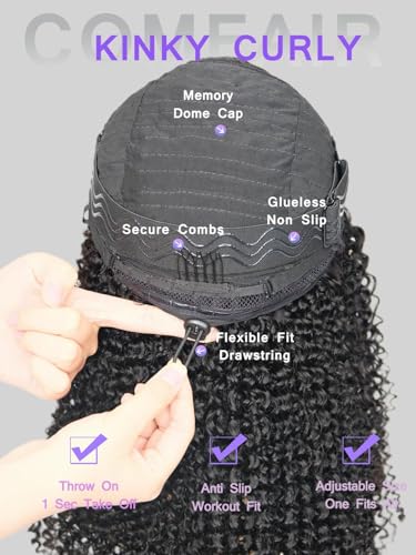 Black 16 Inch Kinky Curly Half Wig Human Hair 200 Density Seamless Flip Over Style - Glueless, Beginner Friendly