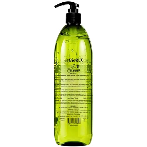 BioRLX 99% Aloe Vera Gel with Collagen and Hyaluronic Acid 250 Ml 8.5 Fl Oz - For Face Body, Hair & Scalp, After Sun Relief, Natural, Soothing, Hydrating