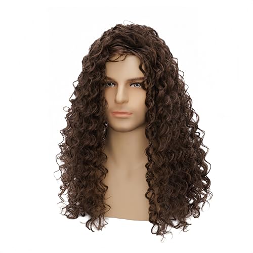 Mens Brown Curly Synthetic Wig - Fluffy Long Halloween Cosplay Hair - Variation Brown-3