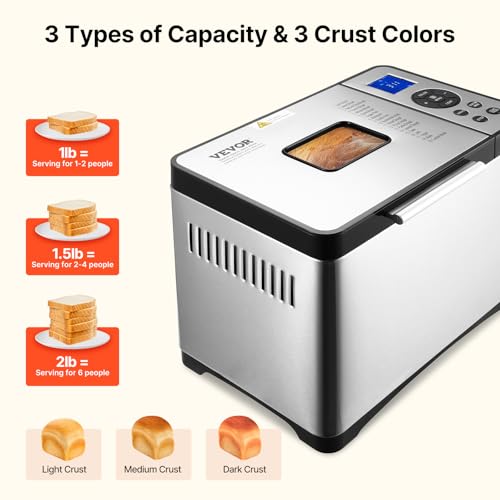 Silver VEVOR Bread Maker 19-in-1 2LB Dough Machine with Ceramic Pan & Gluten-Free Setting