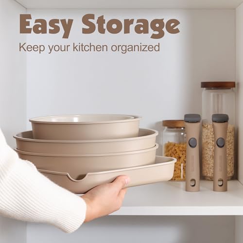 SENSARTE 17-Piece Ceramic Non-Stick Cookware Set Almond Beige with Removable Handles
