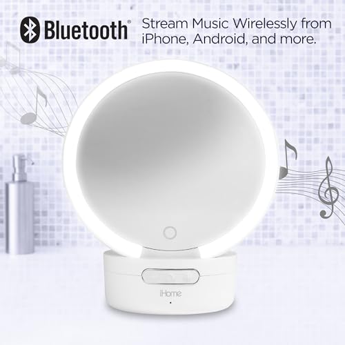 iHome Makeup Mirror with Lights and Bluetooth Speaker, Travel Mirror is Portable and Rechargeable ? White (iCVBT9W.EXv24)
