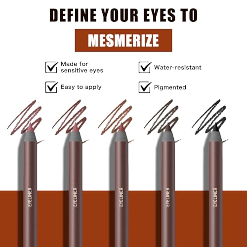 Pinkiou 5 Colors Eyeliner Pencil Set,24 Hour Waterproof Smudge-Proof Eye Liner Pencil, Long-Lasting Makeup Pencils for Eyebrows and Eyeliner (Plum, Stone, Chocolate, Brown, Black)?