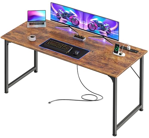 55 Inch Computer Desk with Power Outlets and USB-C - Rustic Brown