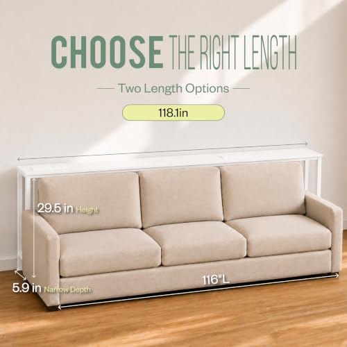 118-Inch White Sofa Table Behind Couch with Outlets & Storage - Narrow Console