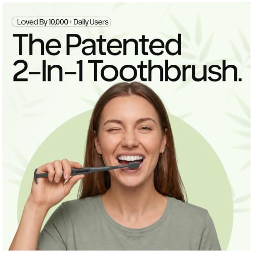 Black TOKII 2-in-1 Tongue Scraper & Toothbrush - Charcoal Soft Bristles, Travel Pouch