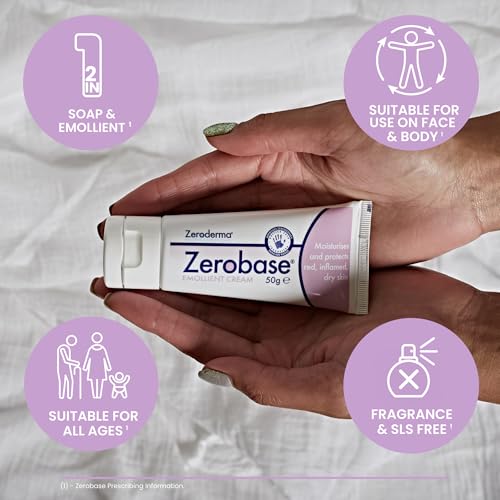Zeroderma Zerobase Emollient Cream 2-in-1 Moisturiser & Soap Substitute, for Dry & Eczema-Prone Skin, Restores Skin Barrier, 21 percent w/w Paraffins, 50g