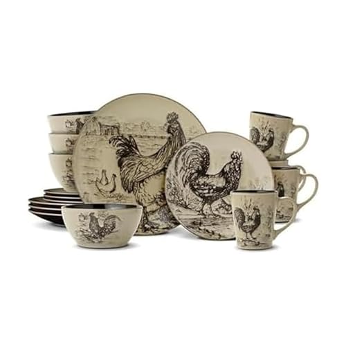 16-Piece Dinnerware Set for 4 with Rooster Design - Dishwasher & Microwave Safe