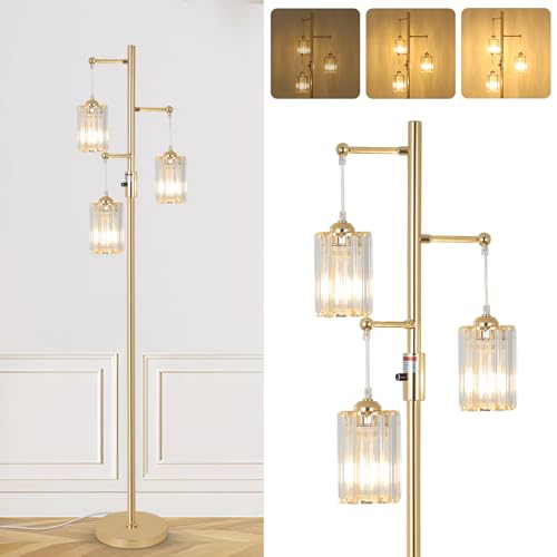 Gold Crystal Floor Lamp with Dimmable 3 Lights Modern Standing Tree Lamp 65 Inch