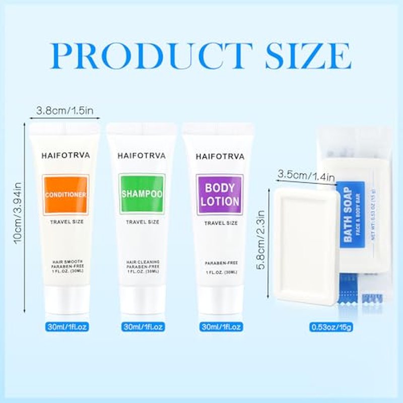 100 Pcs 4-IN-1 Hotel Soaps and Toiletries Bulk Set,4-Piece Set Mini Bulk Travel Size Toiletries Set 1 oz each Shampoo,Conditioner, Body Lotion and 0.53 oz Soap Hotel Supplies for Guests,Homeless