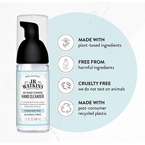 J.R. Watkins No-Rinse Foaming Hand Cleanser ? Hand Soap in Pump Dispenser ? Bathroom & Kitchen Foam Cleaner ? All Natural, Alcohol Free, Unscented, 1.6 fl. Oz., Single
