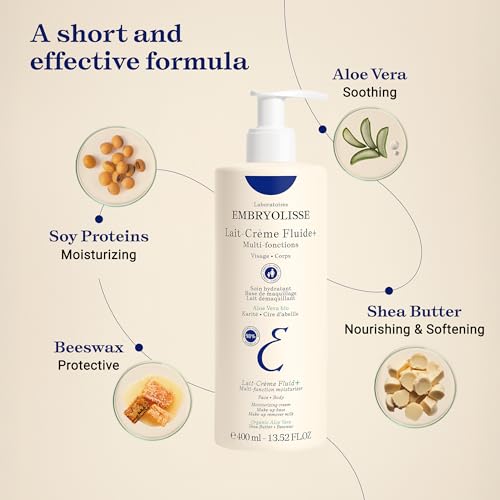 Embryolisse Lait-Crème Fluid+ Face & Body Moisturizer 13.52 Fl Oz - Lightweight Hydrating Cream with Shea & Aloe Vera