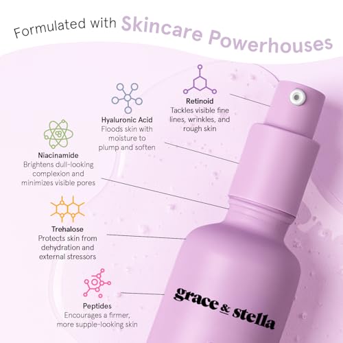 grace & stella Retinol Serum for Face with Hyaluronic Acid (50ml/1.7 fl oz) - Restoring Retinol Hyaluronic Acid Serum for Face to Reduce Fine Lines & Wrinkles - Acido Hialuronico - Vegan Skincare