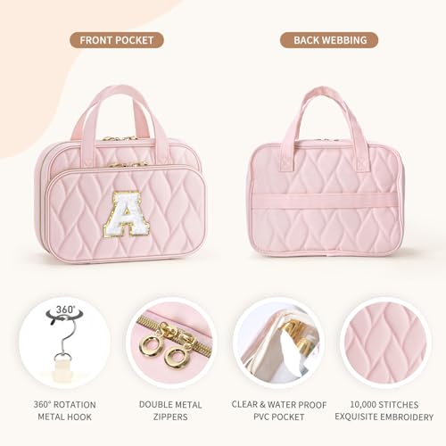 Personalized Pink Hanging Toiletry Bag with Initial M - Gift for Women & Teen Girls