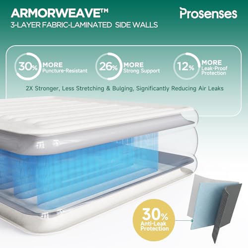Queen Air Mattress with Built-in Pump, 18in, Green, 3-Layer Laminated Surface