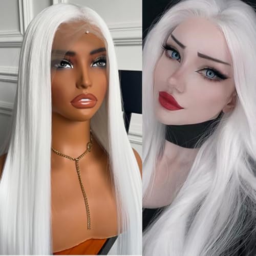 White Lace Front Synthetic Wig for Black Women - Pre Plucked Natural Hairline - Glueless Heat-Resistant Fiber - Variation: White