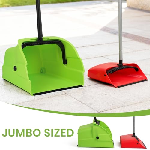 Green Jumbo Heavy Duty Commercial Debris Dustpan with Long Handle - Outdoor Leaves & Trash Scooper