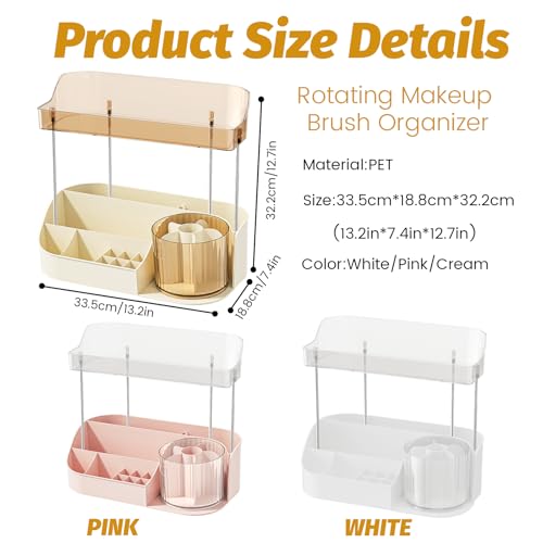 DASITON Cream 2-Tier Large Capacity Rotating Makeup Organizer with Brush Holder
