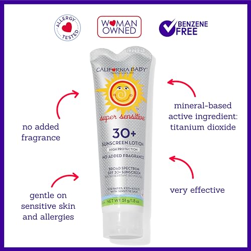 California Baby Super Sensitive SPF 30+ Sunscreen | Unscented | Mineral Based | Titanium Dioxide | Travel Size Baby Sunscreen for Face + Body | 1.8 oz