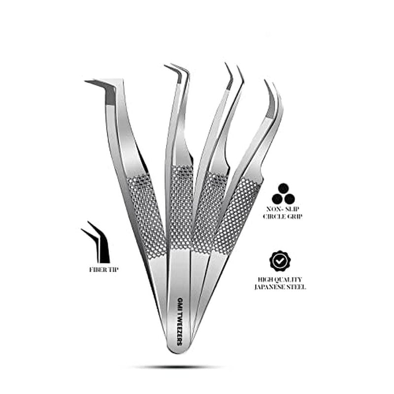 GMI Lash Tweezers ? Pack of 4 Stainless Steel Fiber Tip Eyelash Extension Tweezers