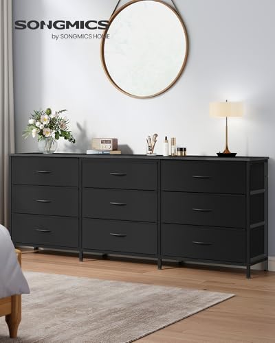 SONGMICS Dresser with 9 Fabric Drawers and TV Stand for 70-Inch TVs - Ink Black, 13.8 x 68.4 x 26.8 Inches