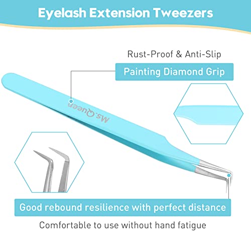 Professional Lash Tweezers Set - 5 Pcs Fiber Tip Curved Isolation & Volume Tweezers for Eyelash Extensions - Blue