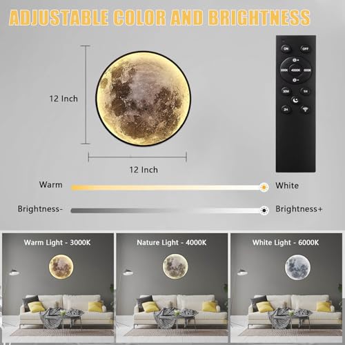 Dimmable Moon Wall Lamp - Rechargeable Battery Operated Indoor Night Light with Remote - 12 Inch