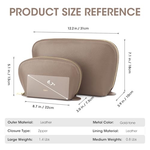 Kattee Leather Makeup Bag, Travel Cosmetic Bag Set, Toiletry Bag Organizer for Women, 1-PACK, Medium, Khaki