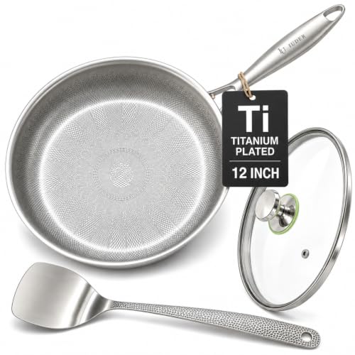 IUDER 12-Inch Titanium Frying Pan with Lid, Coating-Free, Hammered Surface