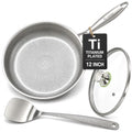 IUDER 12-Inch Titanium Frying Pan with Lid, Coating-Free, Hammered Surface