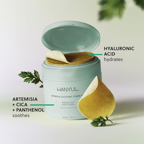 HANYUL Artemisia Mugwort Soothing Toner Pads - 60 Count, Double-Sided Hydrating & Exfoliating