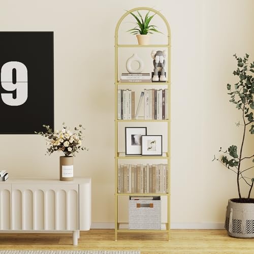 Tall Gold 6-Tier Bookshelf with Glass Shelves, Arched Design, 11.8x13.8x68.1 Inches