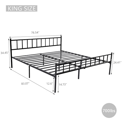 Metal Platform Bed Frame King Size Black - Sturdy Metal Support with Headboard & Storage