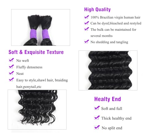 Deep Wave Bulk Human Hair for Braiding - 16 Inch Natural Black - No Weft - 100g