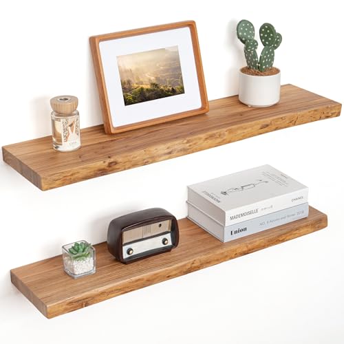 Live Edge Floating Shelves for Wall - 32 Inch Set of 2 Natural Elm Wood Shelves - Rustic Wall Storage