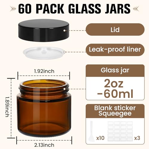 Amber Glass Jars with Lids Set - 60 Pcs 2oz Storage Jars with Labels & Spatulas - Amber