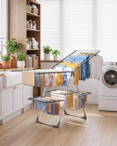Gray Large Clothes Drying Rack 70-Inch Foldable 2-Level with Adjustable Wings