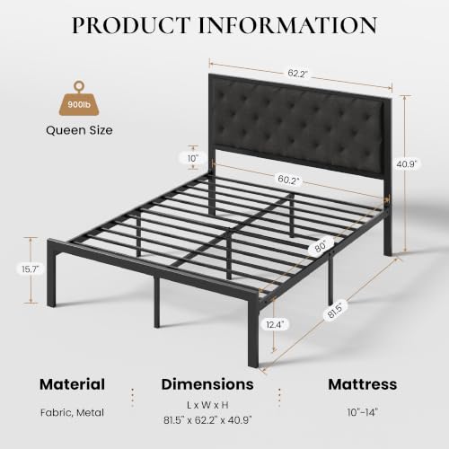 Queen Size Metal Bed Frame with Linen Tufted Headboard - Dark Gray, SHA CERLIN