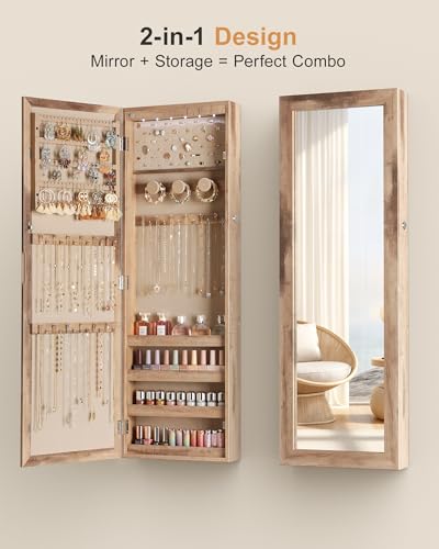 Nicetree 6 LEDs Jewelry Armoire Wall Mirror - Oak, Lockable & Space-Saving