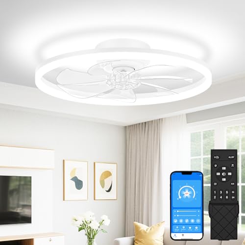 White 20 Inch Low Profile Ceiling Fan with Light & Remote, Dimmable LED, No Assembly