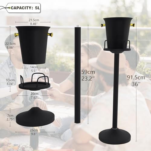 Champagne Bucket with Stand 5L - Black Stainless Steel Ice Cooler Set - 1 Pack