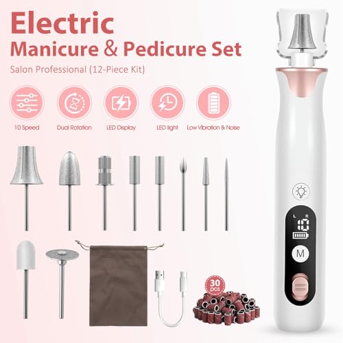 Electric Nail Drill File, Haootadiy Cordless Electric Nail Filer Buffer with Nail Drill Bits Sanding Bands Professional Manicure Pedicure Set for Nail Grind Trim Polish, for Women & Men