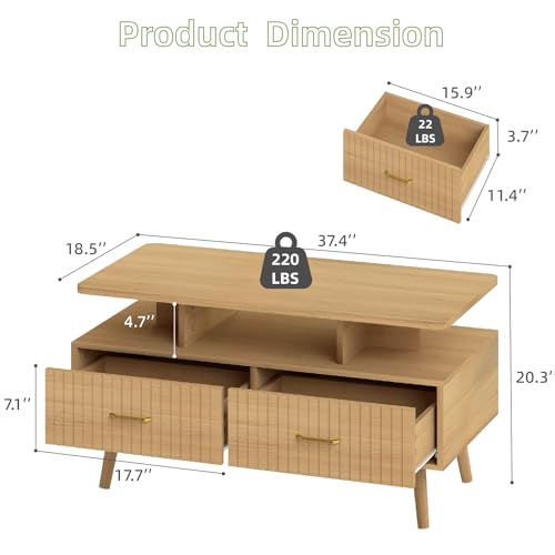 YOSHOOT 37-Inch LED Coffee Table with Storage & Remote Control - Nature Finish
