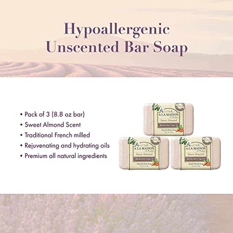 A LA MAISON Triple French Milled Bar Soap, 8.8 Ounces - Natural Moisturizing Hand Soap Bar (3 Bar of Soap, 8.8 Ounces, Sweet Almond)