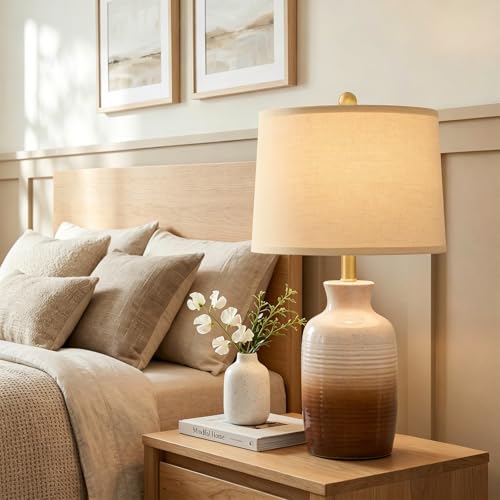 PoKat 24-Inch Farmhouse Ceramic Table Lamp - Beige & Brown Ombre for Living Room & Bedroom